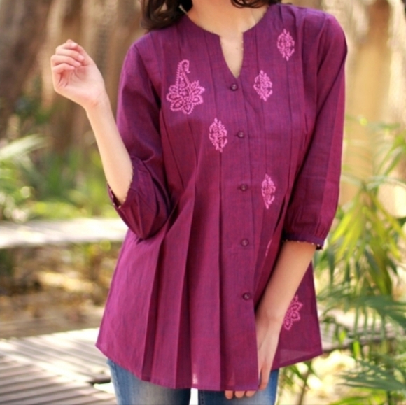 NOVICA Handcrafted Beaded and Block Peint Tunic Blouse 100% cotton - Picture 2 of 11